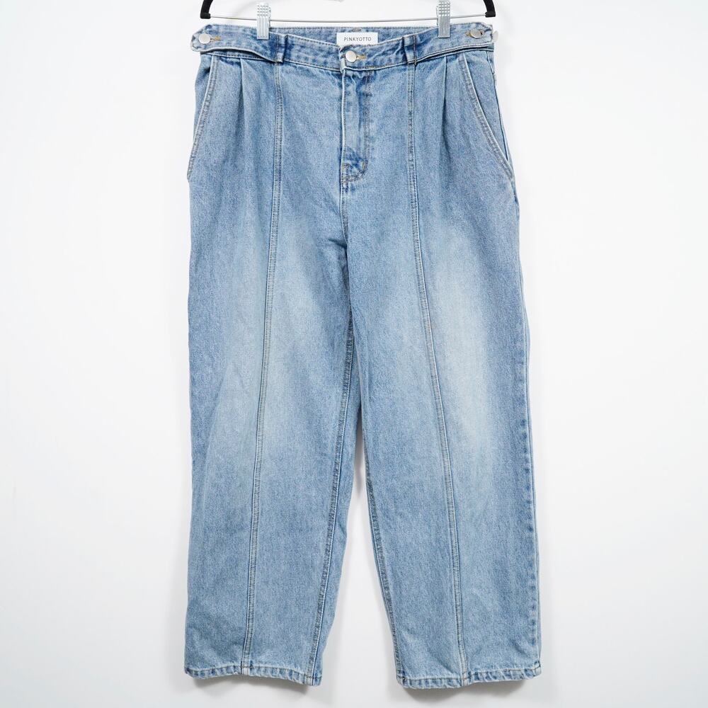 Pinkyotto High Waist Pleated Denim Jeans Adjustable Waist Wide Leg 33